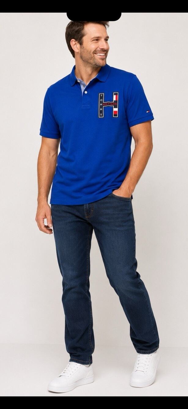 Tommy Hilfiger Men’s XL Custom Fit Blue Polo Shirt Big H Logo Short Sleeve